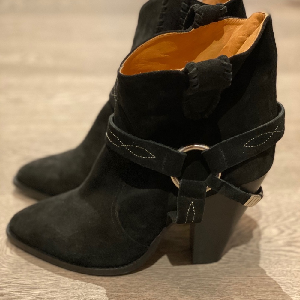 Isabel Marant Black Suede Heeled Ankle Boots with Ring Strap